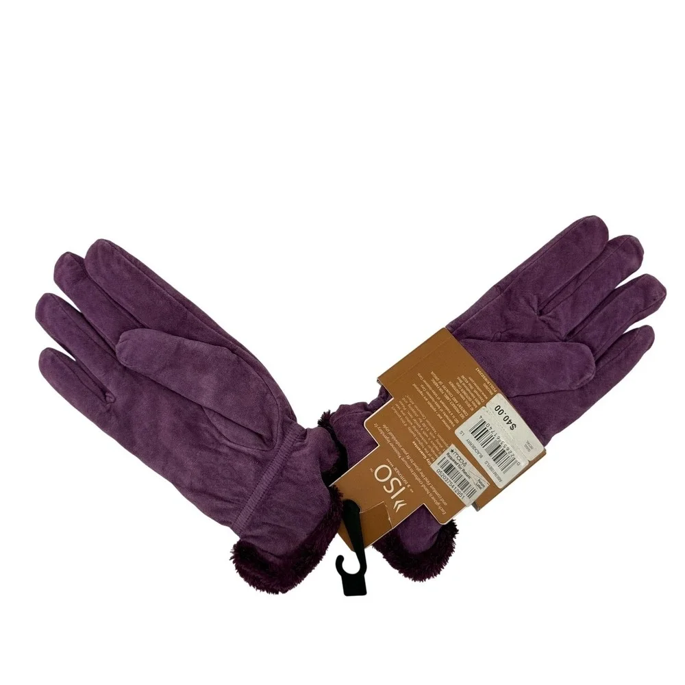 Isotoner Gloves‎ Blackberry Purple Women L Genuine Leather Faux Fur Trim New